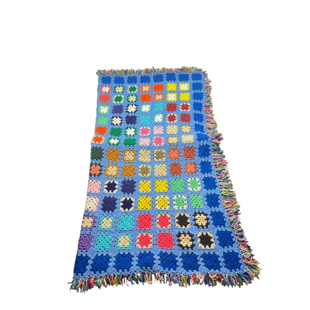 Vintage Granny Square Afghan Blanket Blue Multi Handmade Crochet Motifs Fringe